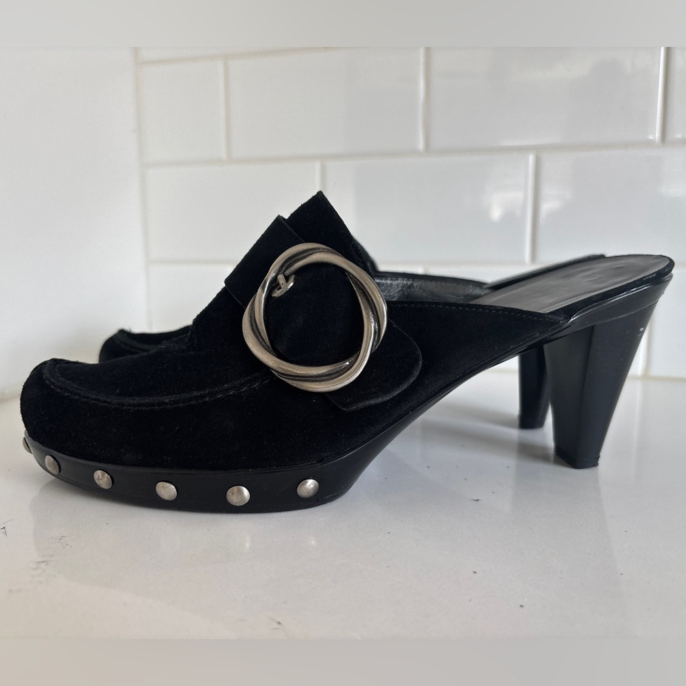 Stuart Weitzman Black Suede Heeled Mules with Silver Accents